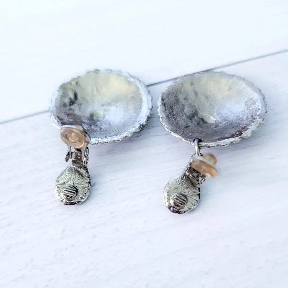Vintage Clip On Earrings Very Large Silver with Orangey Red Accent Dangle